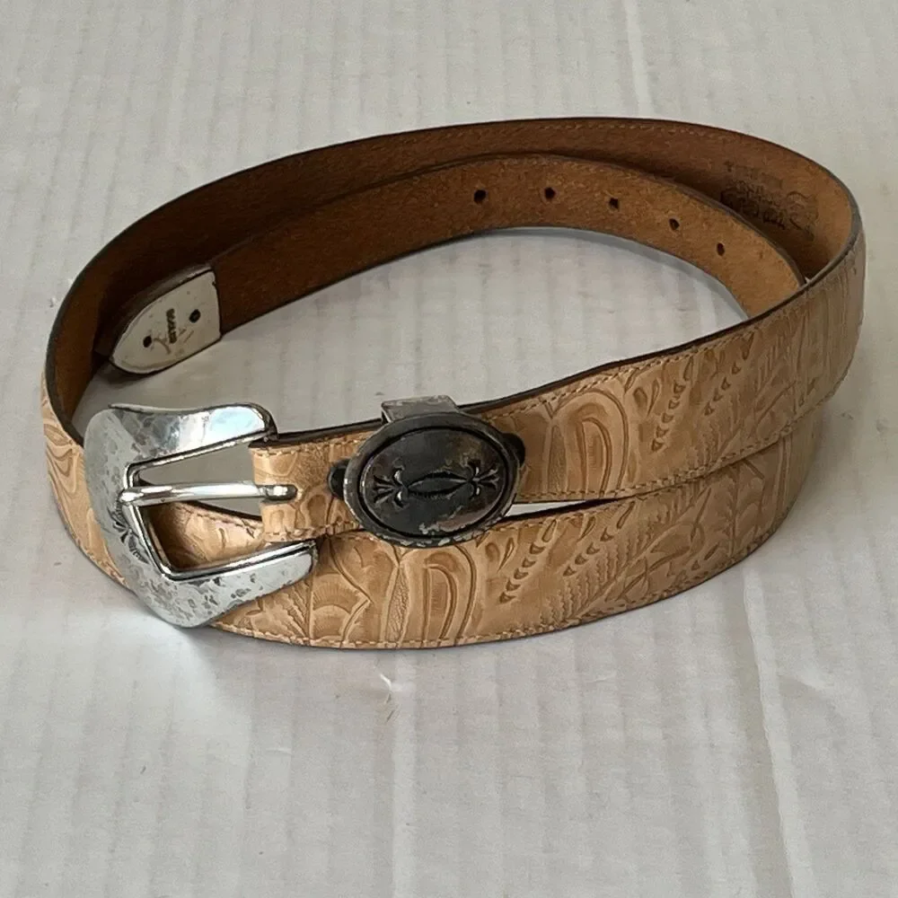 VTG 90s JUSTIN Top Grain Cowhide Leather Belt Tooled Floral Western Cowboy USA